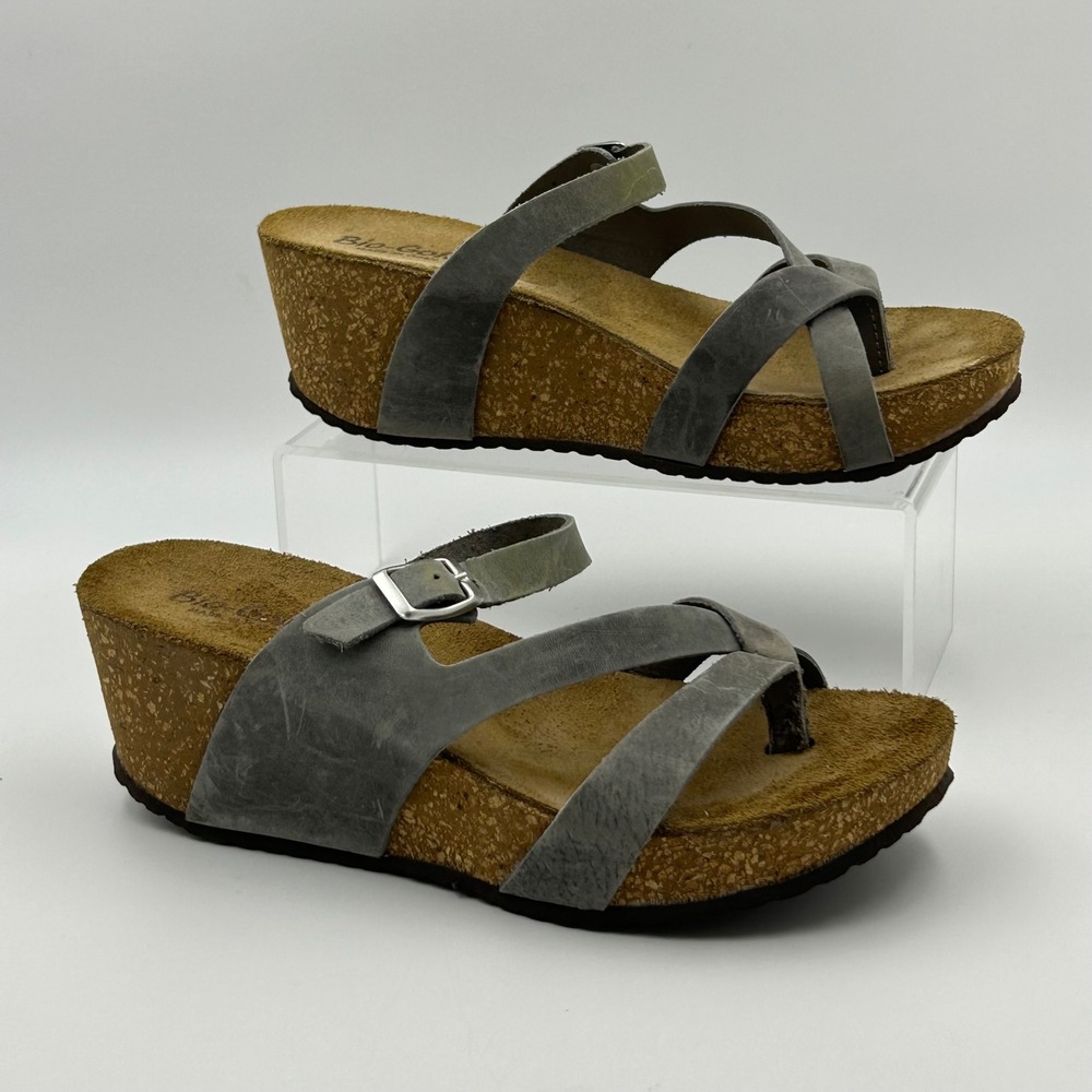 Bio-Gold Wedge Sandals Womens 38 Grey Leather Cork Platform Made in Italy Boho